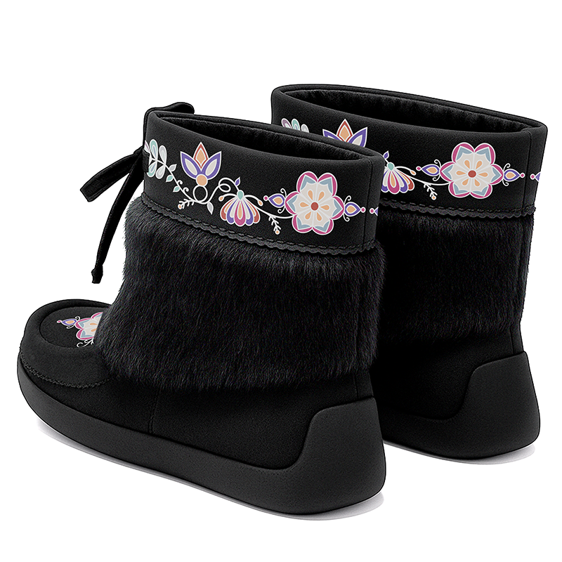 Aurora Petal Glow Black Leather MocLux Ankle with Fur