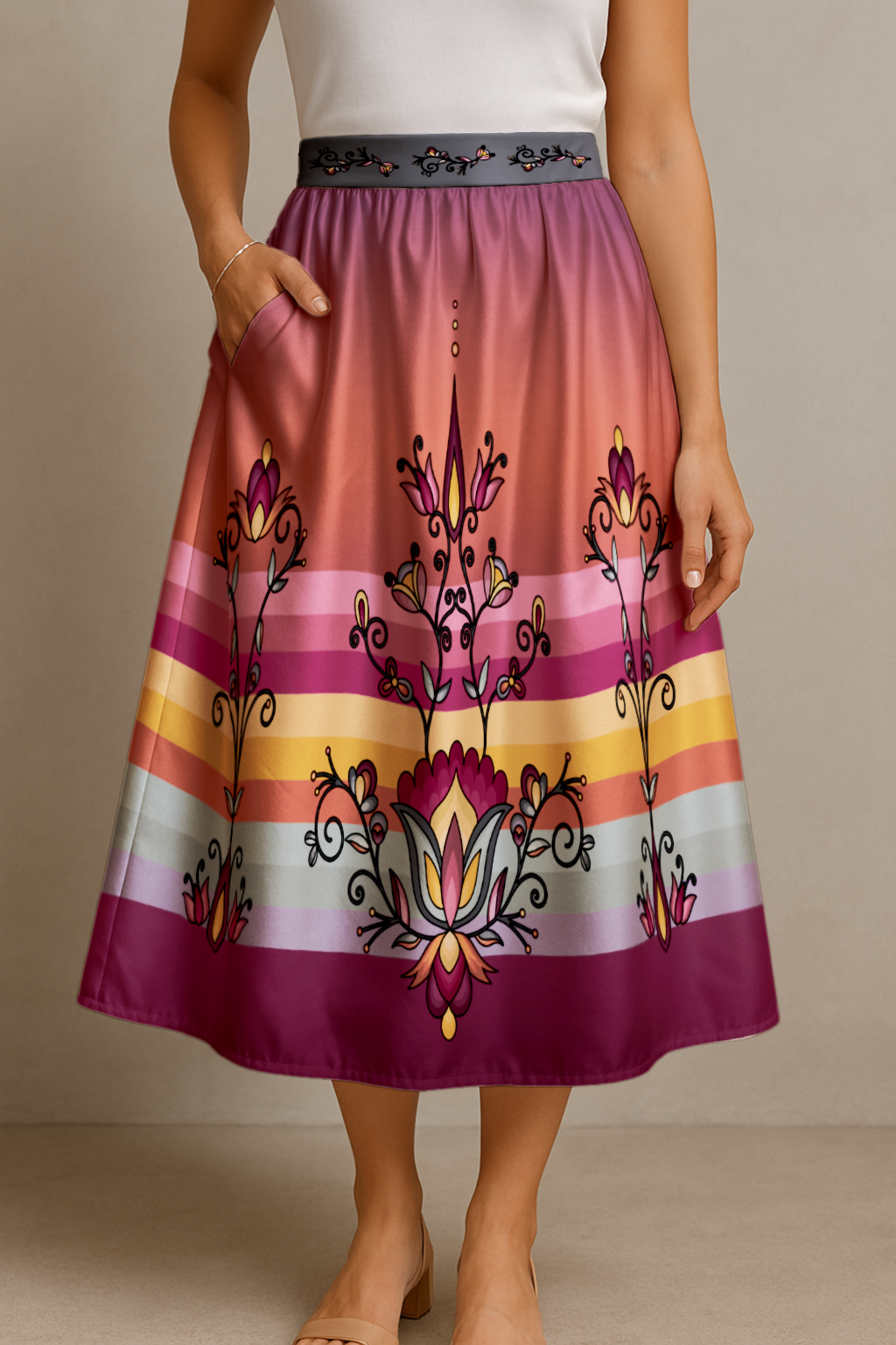 Crimson Drift Petals Midi Skirt