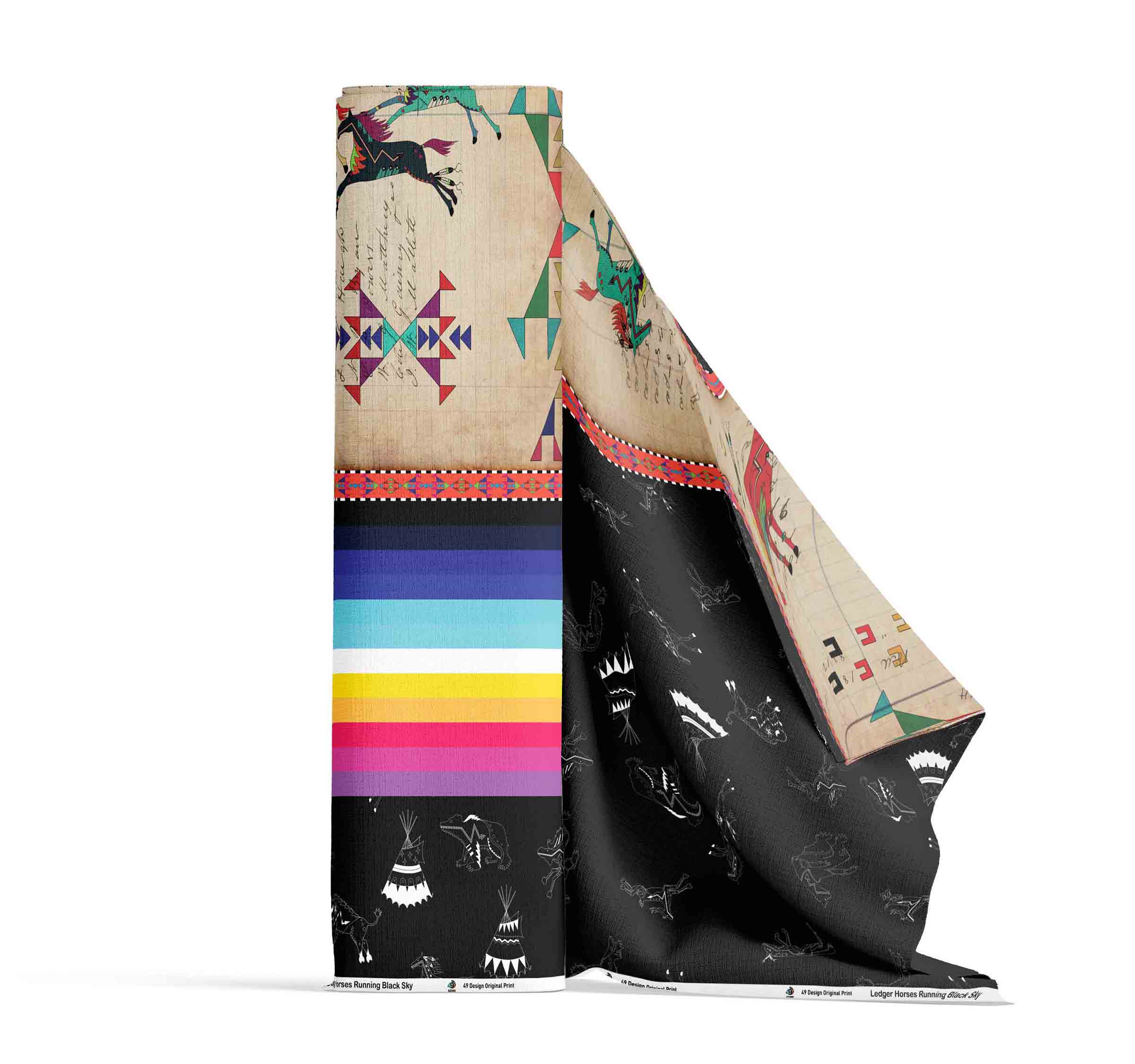 Ledger Horses Running Black Sky Cotton Poplin