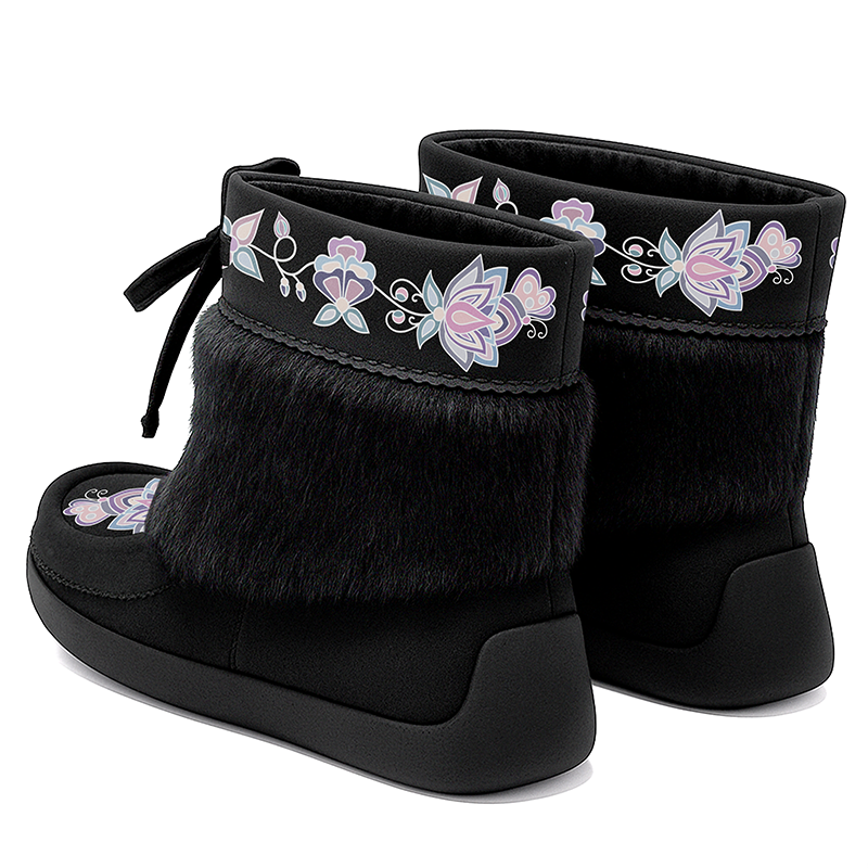 Snow Petal Spirit Black Leather MocLux Ankle with Fur