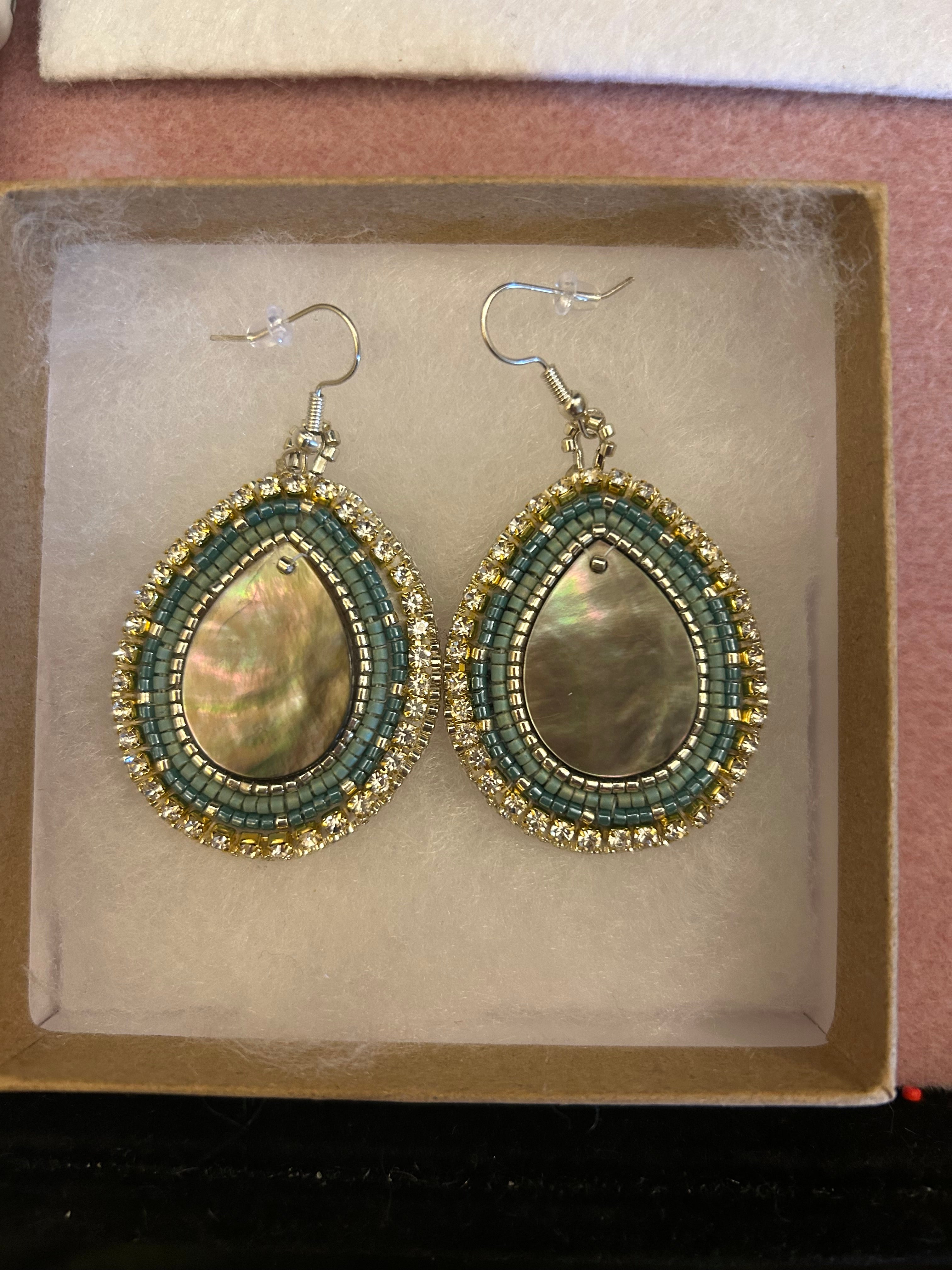 Karin Moen Moss Green & Abalone Shell Teardrop Earrings