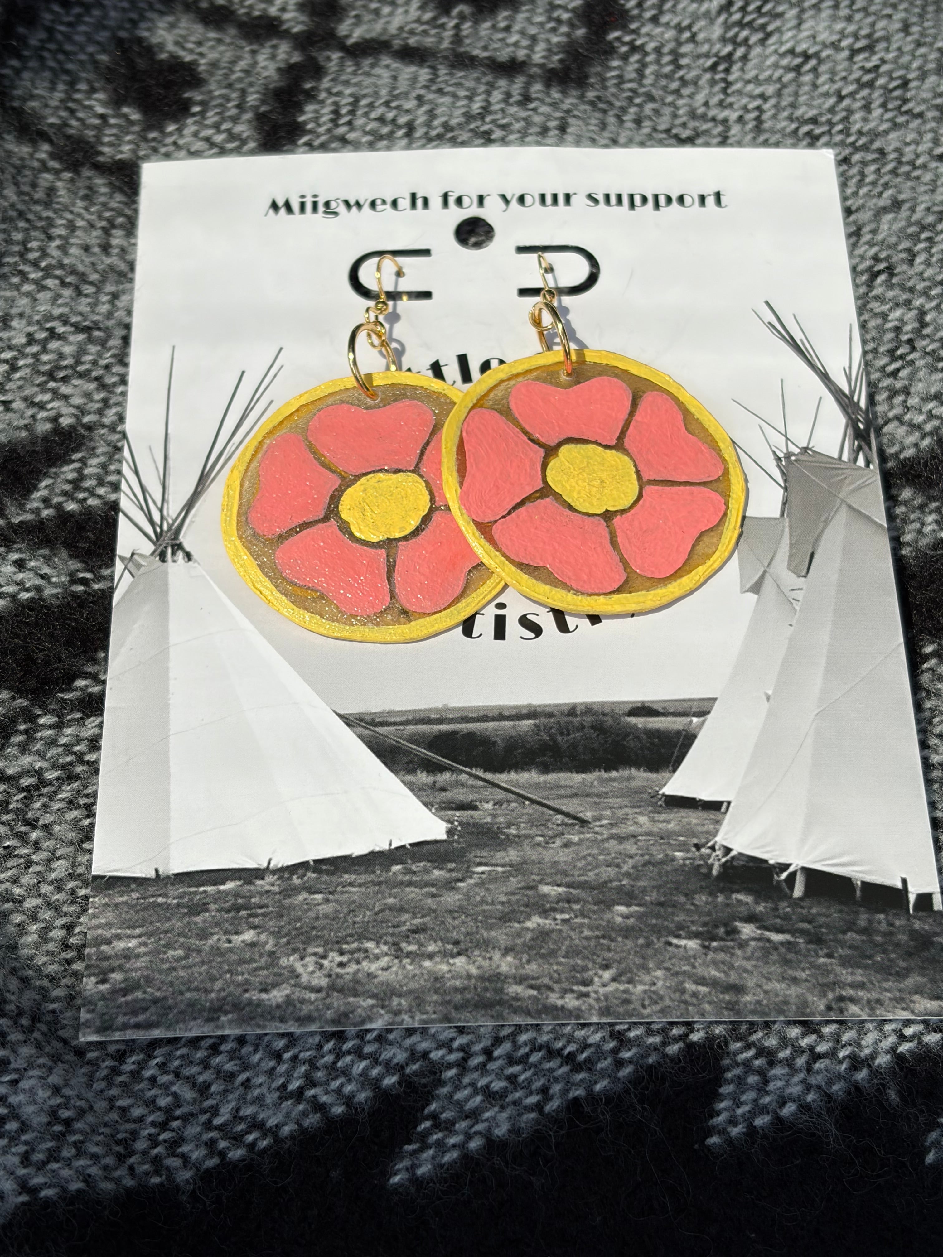 Dorienne Proulx Prairie Rose Painted Hide Earrings (Circle)