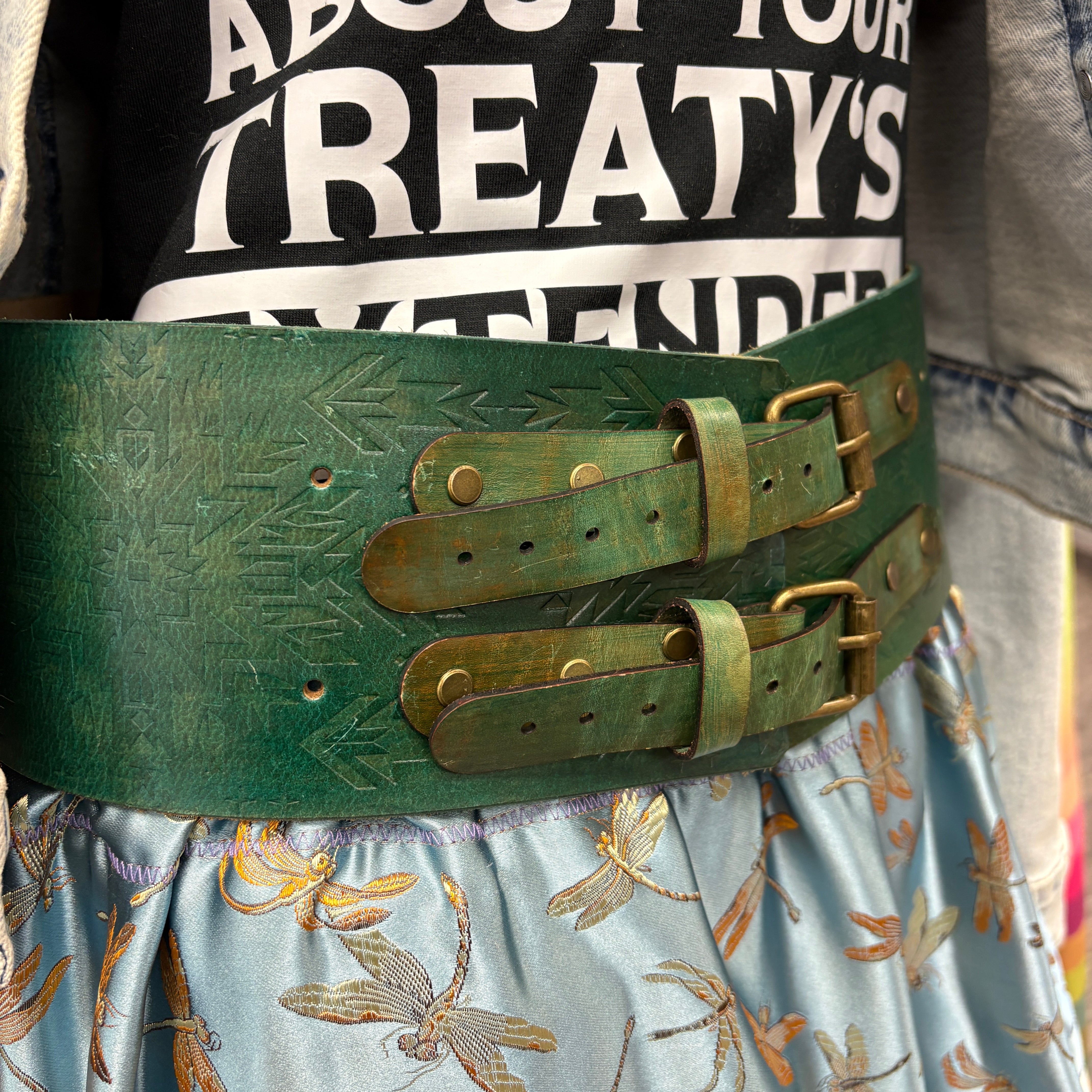 Handmade 36 in Forest Green Geometric Buffalo Belt
